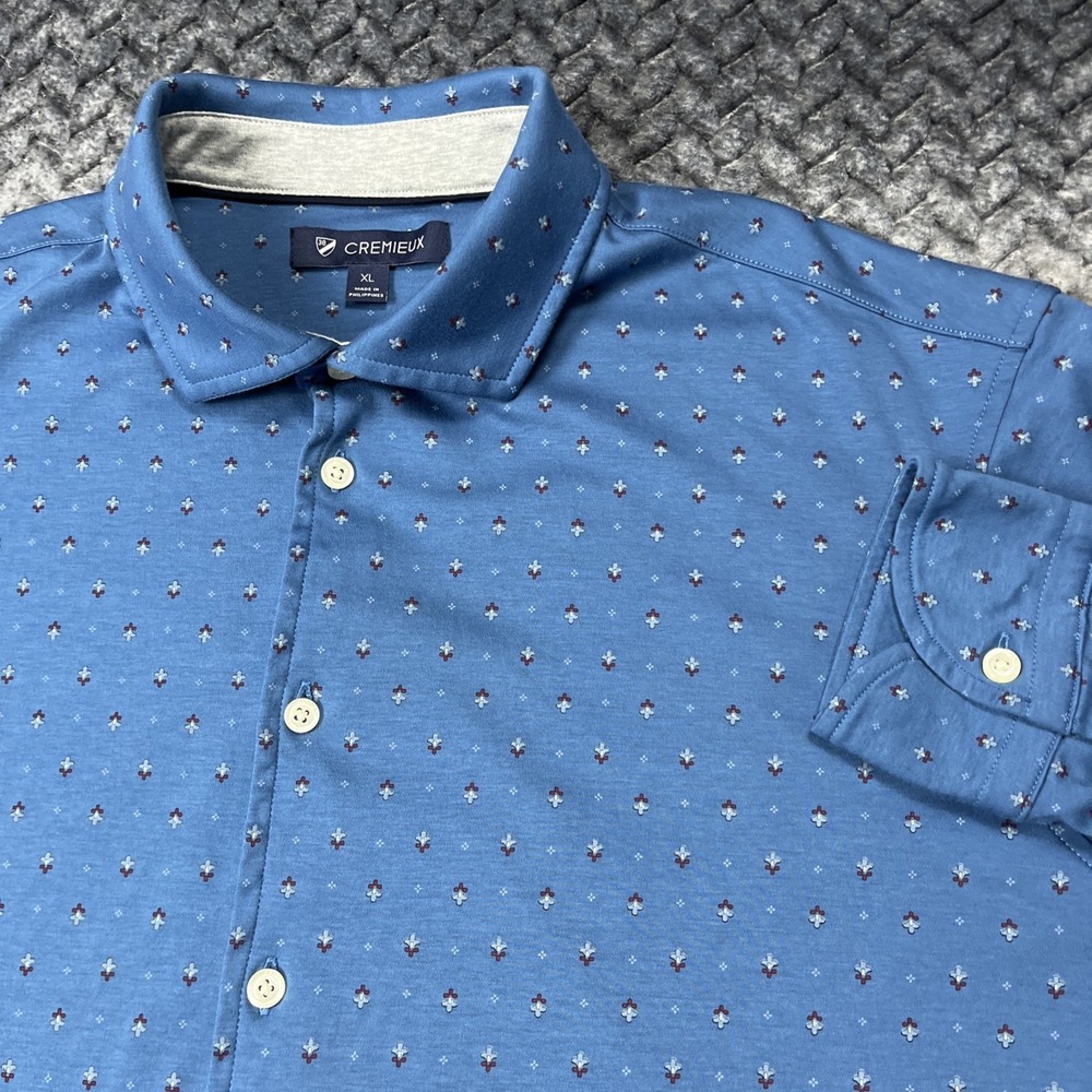 Cremieux Premium Denim Shirt Mens XL Blue Geometric Long Sleeve Soft 100% Cotton